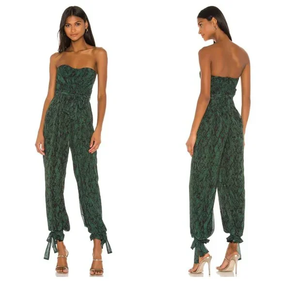 Michael Costello x Revolve Gwendolyn Green Snakeskin Print Strapless Jumpsuit